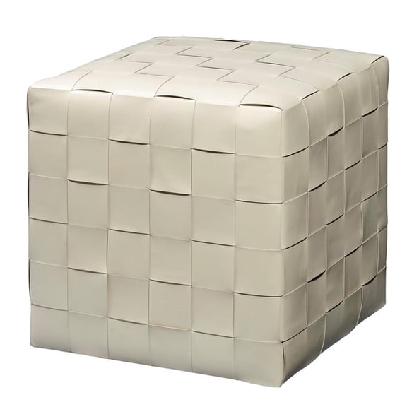 Maklaine Hand-Woven Distressed Buffalo Leather Ottoman in White