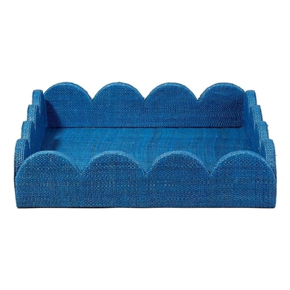 Maklaine Handcrafted Natural Raffia Small Tray With Scalloped Edge in Indigo