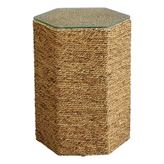 Maklaine Handwoven Seagrass Rattan and Tempered Glass Side Table in Natural