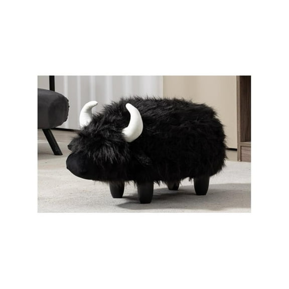 Maklaine Harry the Cow Storage Ottoman with Long Black Fur Wood Frame