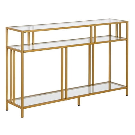 Maklaine Industrial 48" Console Table with Glass Shelves in Brass Finish