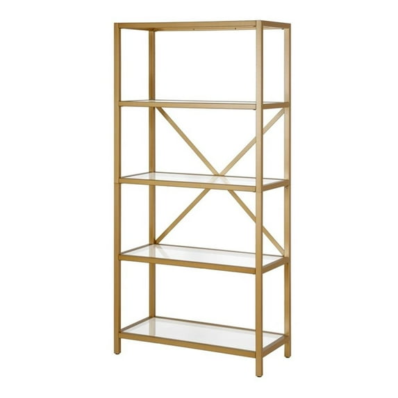 Maklaine Metal 2 Toned 63" 4 Tier Metal Bookcase Brushed Brass with Glass Top