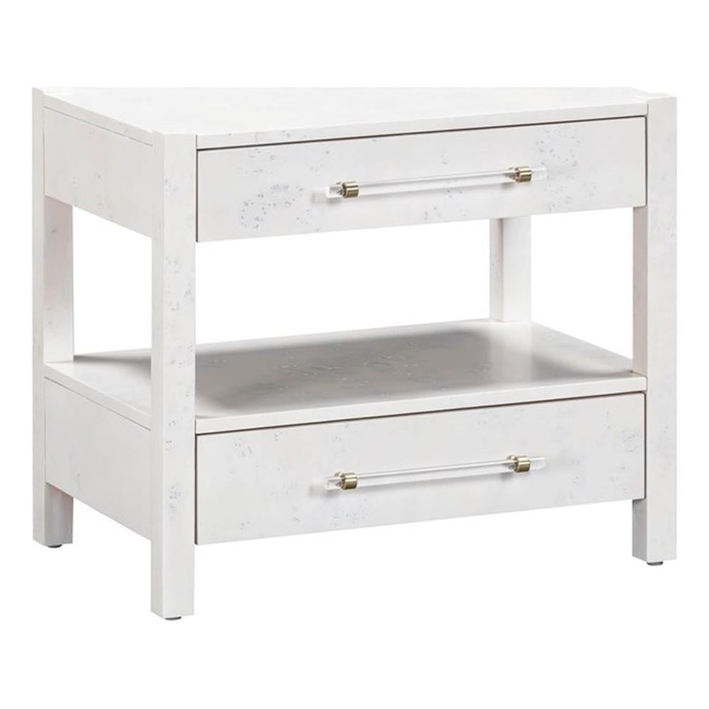 Contemporary White Burl Acacia Nightstand with Brass Accents