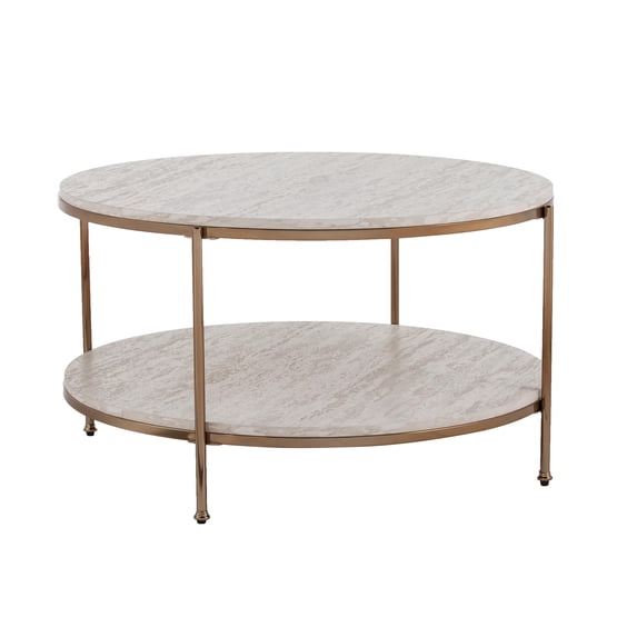 Maklaine Modern 33.25" Round Faux Stone Top Coffee Table in White