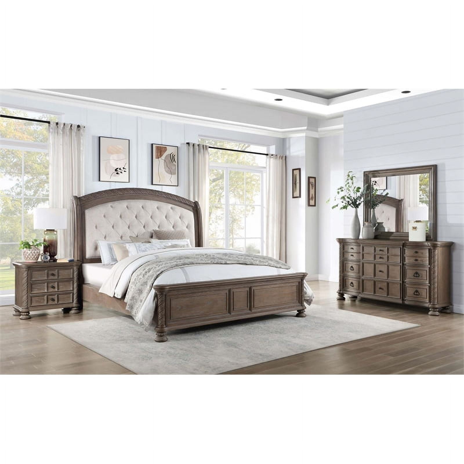 Maklaine Modern 4-piece Wood Queen Bedroom Set in Walnut and Beige ...
