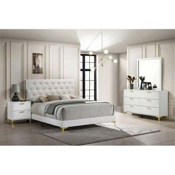 Maklaine Modern 4-piece Wood Queen Bedroom Set in White and Gold