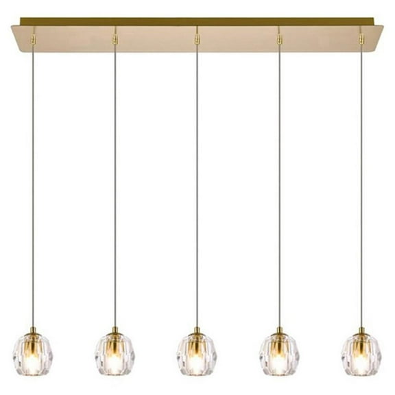 Maklaine Modern 5-Light Stainless Steel and Crystal Glass Pendant in Gold