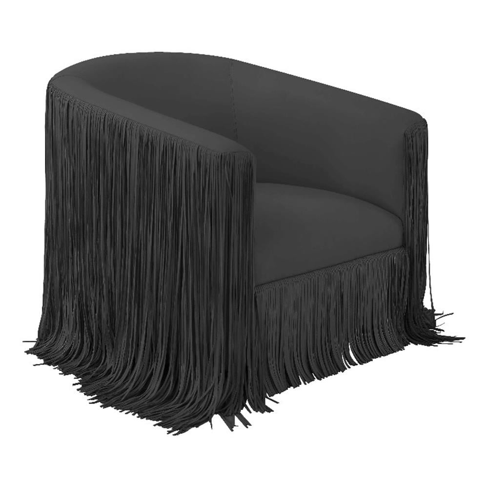 Black Faux Leather Fringe Swivel Barrel Chair