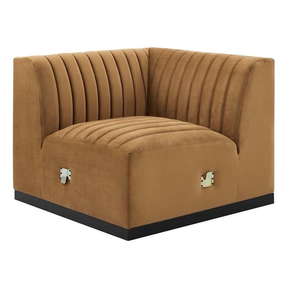 Maklaine Modern Channel Tufted Velvet Left Corner Chair in Cognac Brown