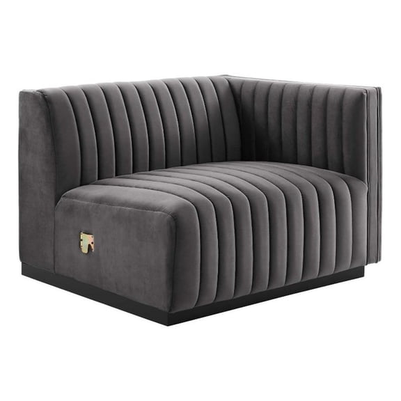 Maklaine Modern Channel Tufted Velvet Right-Arm Chair in Gray