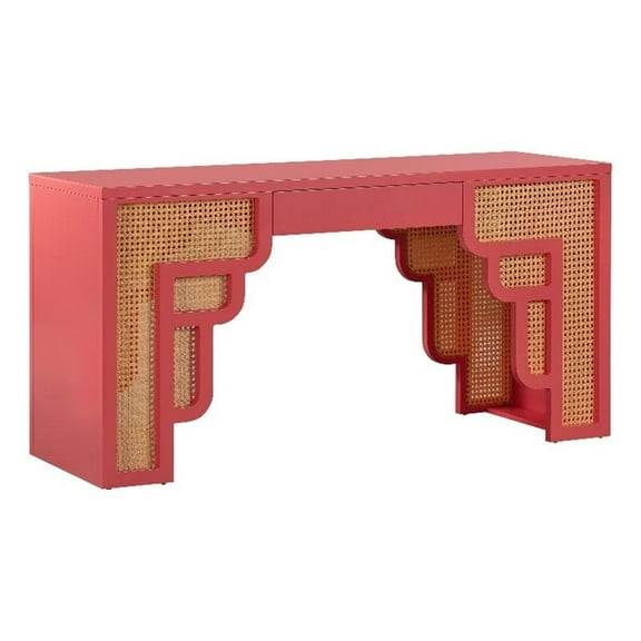 Maklaine MDF Coral Pink Desk Rectangular Woven Rattan Accents 62" Unassembled