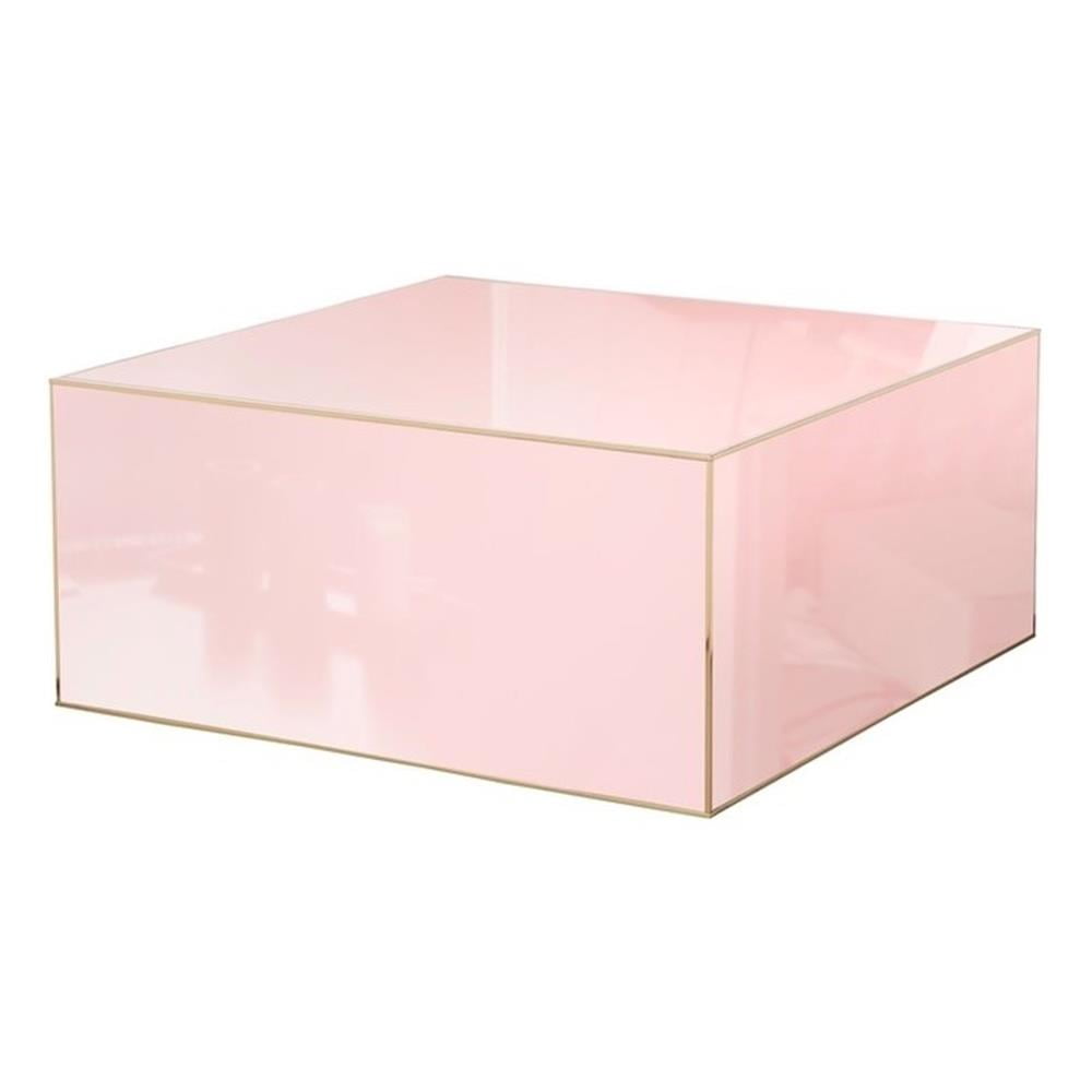 Pink Glass and Wood Square Coffee Table with Gold Borders