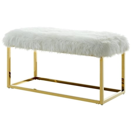 Maklaine Modern Faux Fur Fabric Bench in White / Gold Finish