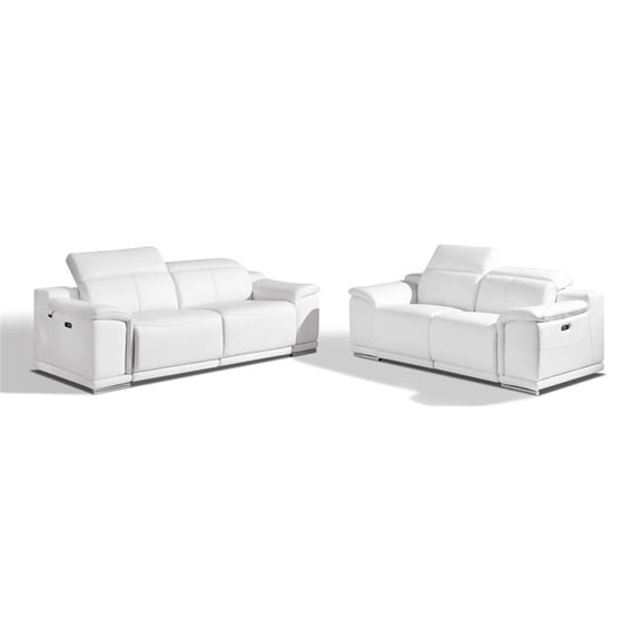 Maklaine Modern Genuine Leather Power Reclining Sofa & Loveseat in White