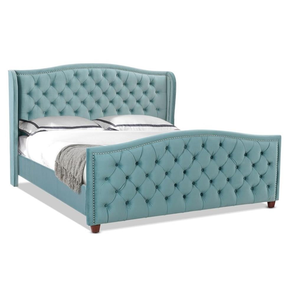 Arctic Blue Velvet Upholstered King Bed with Nailhead Trim