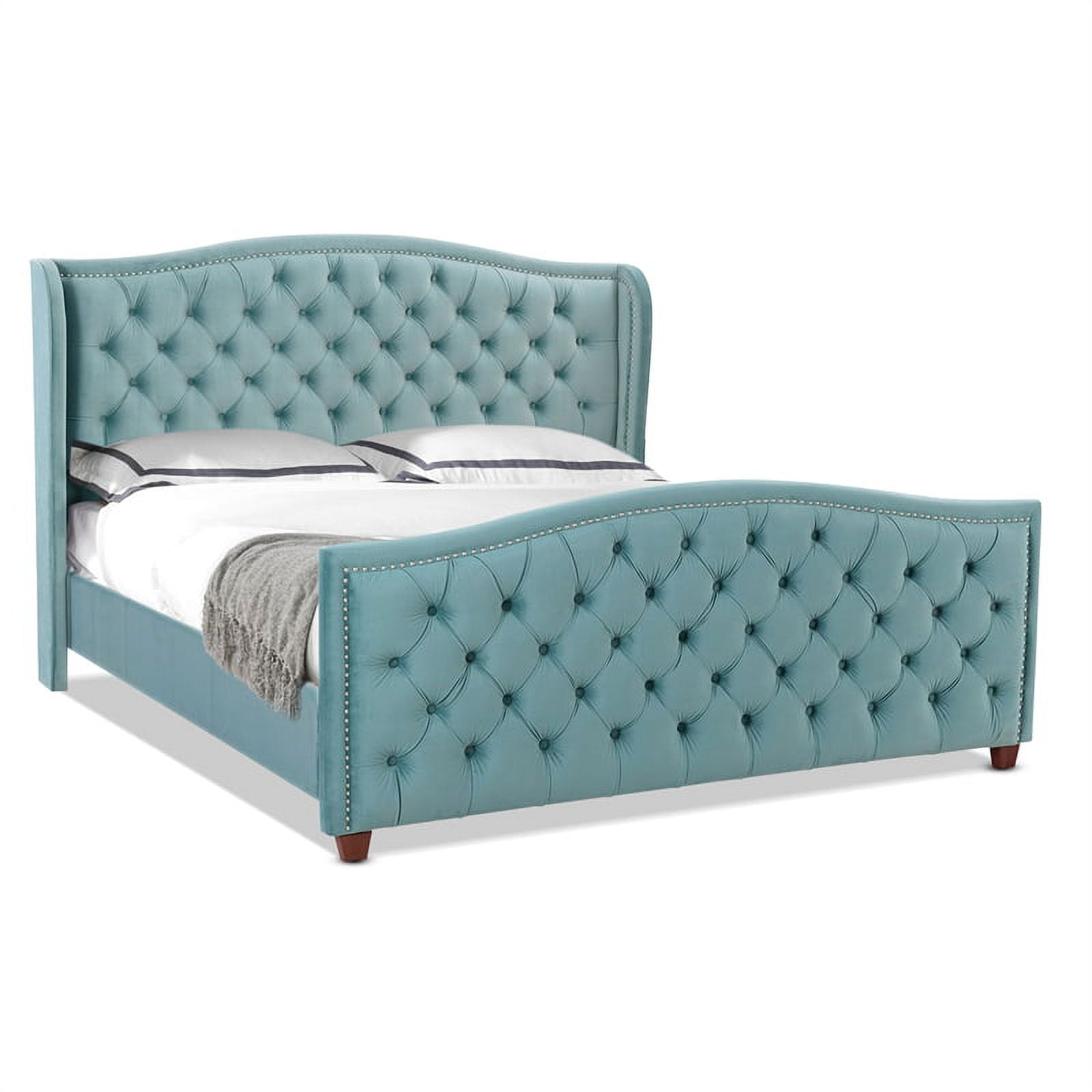 Arctic Blue Velvet Upholstered King Bed with Nailhead Trim