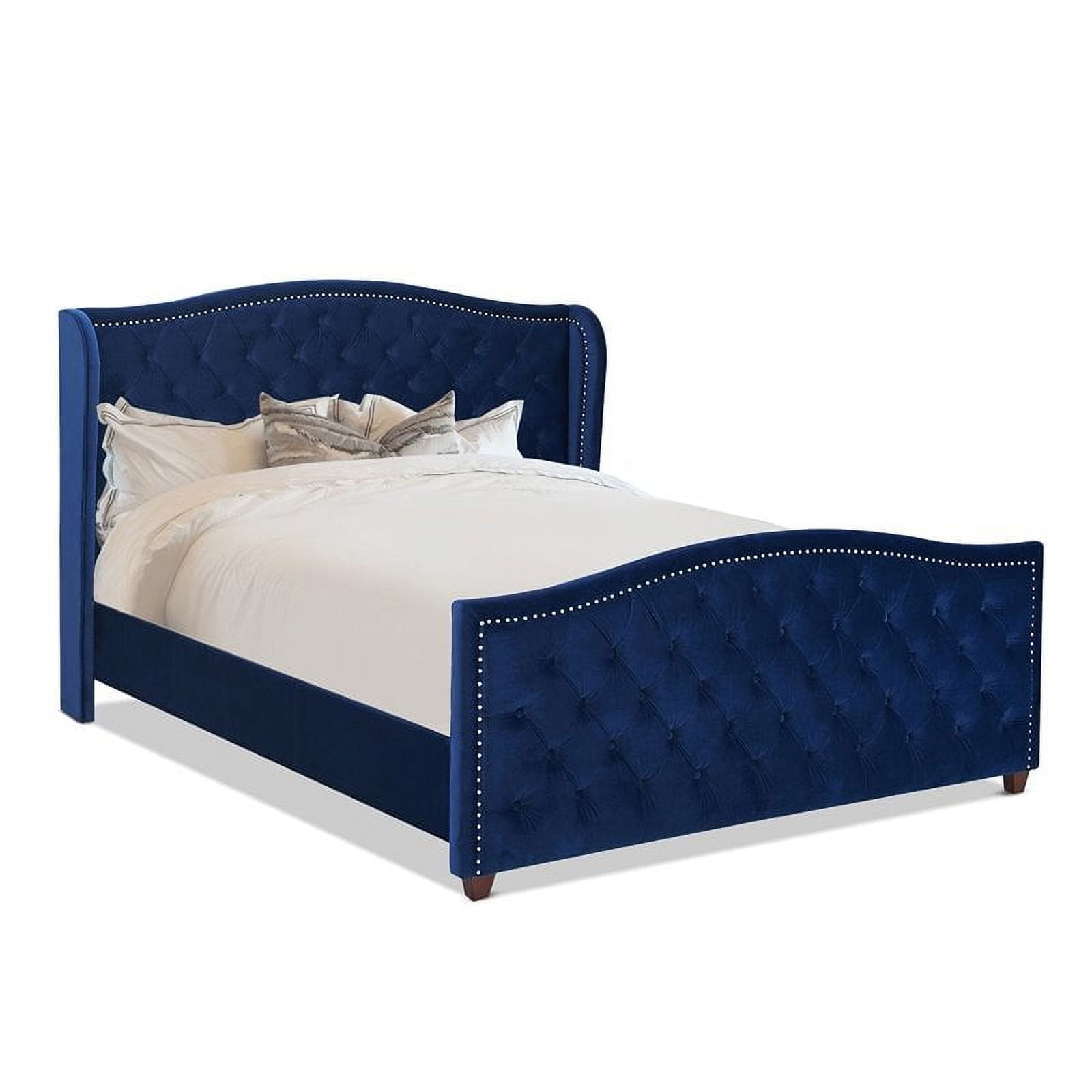 Navy Blue Velvet Tufted Wingback King Bed with Nailhead Trim