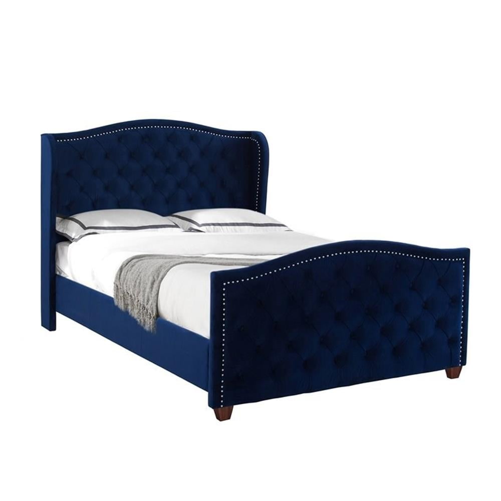 Navy Blue Velvet Tufted Queen Bed with Nailhead Trim