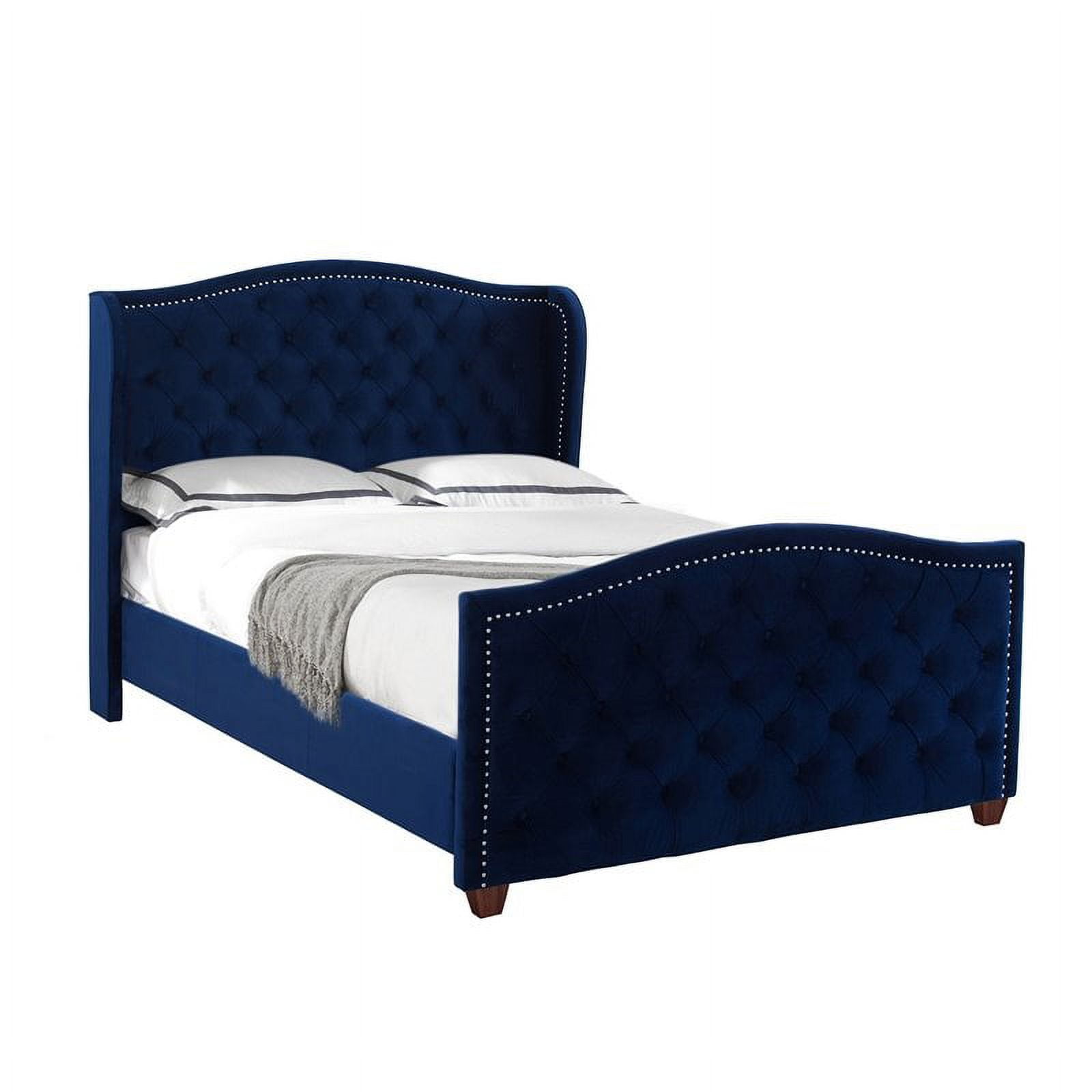 Navy Blue Velvet Tufted Queen Bed with Nailhead Trim
