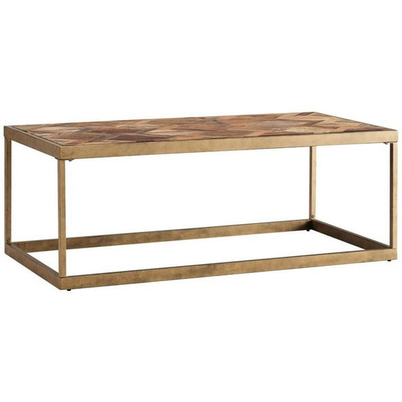 Maklaine Modern Patchwork Wood Top Coffee Table in Brass Finish