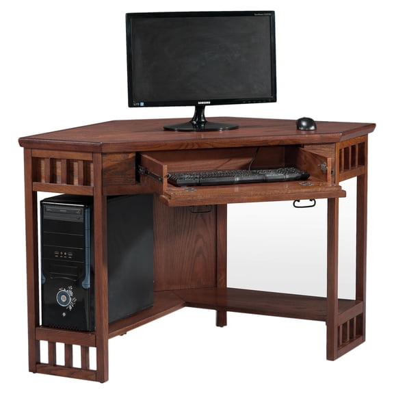 Maklaine Modern Traditional Corner Computer Desk in Mission Oak