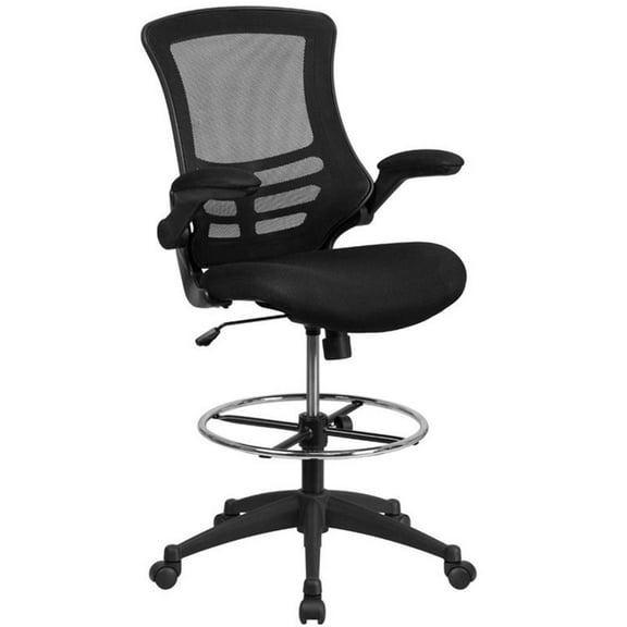 Maklaine Modern Transitional Mid Back Mesh Drafting Stool in Black
