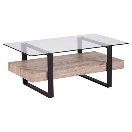Maklaine Modern Wood Top Cocktail Table with Shelf in Natural