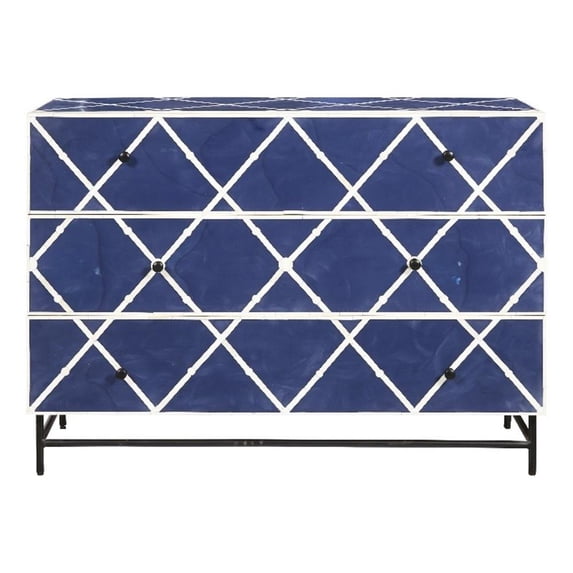 Maklaine Navy Blue Resin 3-Drawer Accent Chest w/ White Bone Accents
