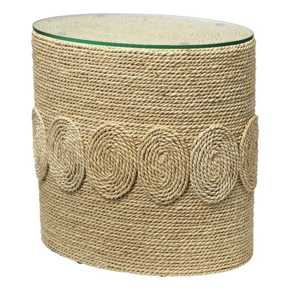 Maklaine Oval Hand-Woven Corn Straw Rattan and Glass Side Table in Natural