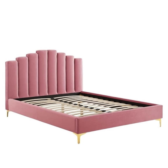 Maklaine Queen Performance Velvet Polyester Platform Bed in Dusty Rose
