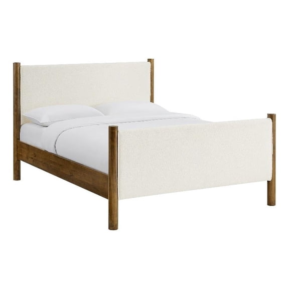 Maklaine Queen Size Boucle Upholstered Platform Bed in Feather Walnut