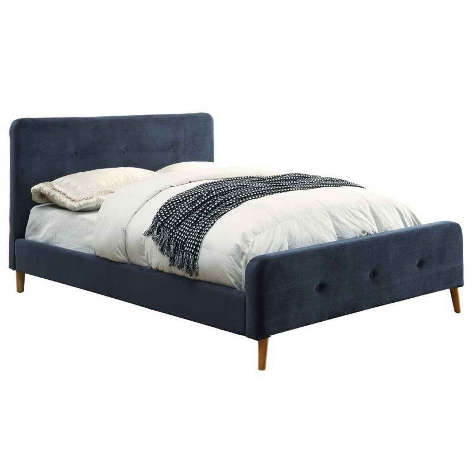 Maklaine Queen Tufted Flannelette Platform Bed in Navy Blue