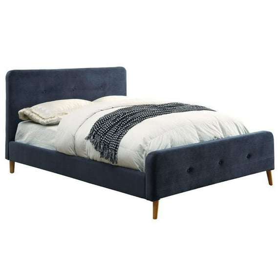 Maklaine Queen Tufted Flannelette Platform Bed in Navy Blue