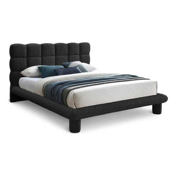 Maklaine Rich Black Boucle Fabric Deep Channel Biscuit Tufting Queen Bed