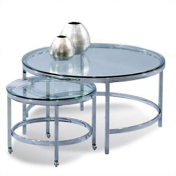 Maklaine Round Cocktail Table on Casters in Chrome and Glass