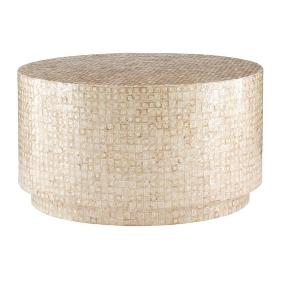 Maklaine Round Coffee/Accent Table in Gold/Ivory Capiz Shell Mosaic Finish