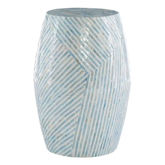 Maklaine Round Drum Table with Capiz Shell Finish in Light Blue/White