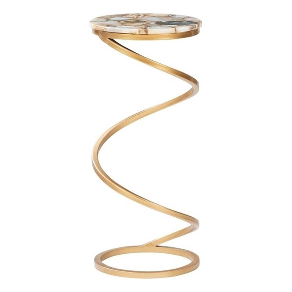 Maklaine Round Modern Agate and Iron Metal Drink Table in Gold ...