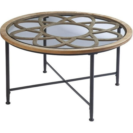 Maklaine Rustic 32.5" Round Glass Top Coffee Table in Black Finish