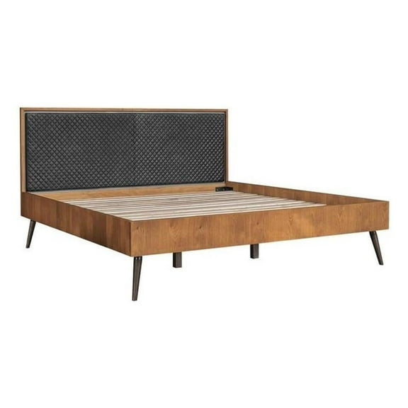 Maklaine Rustic Oak Wood Upholstered Faux Leather King Platform Bed