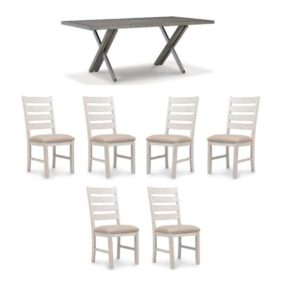 Maklaine Set of 7 Gray Dining Table & Upholstered Grayish Whitewash Chairs