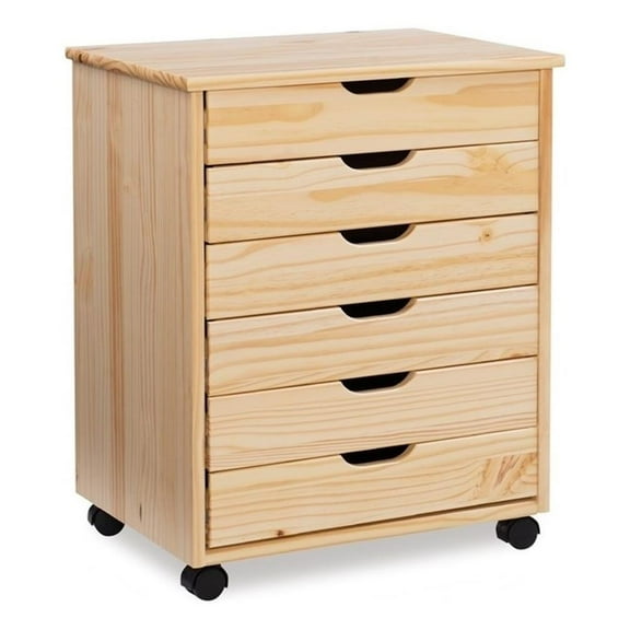 Maklaine Six Drawer Wide Rolling Cart in Natural Stained Wood