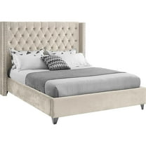 Maklaine Solid Wood Tufted Velvet Wing Back Queen Bed in Cream