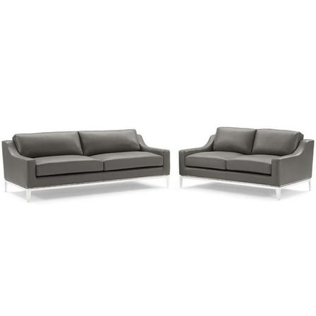 Maklaine Stainless Steel & Leather Sofa and Loveseat Set in Gray