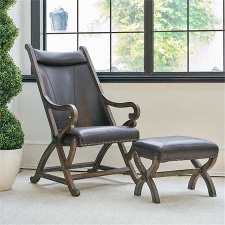 Maklaine Traditional Leather Chair & Ottoman Set in Gray Finish