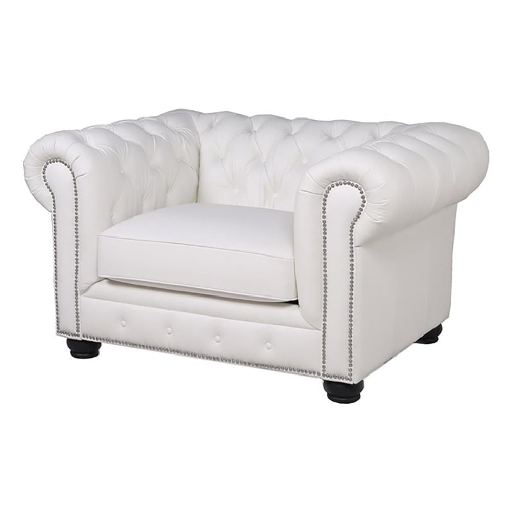 Blanco White Genuine Leather Chesterfield Chair with Rolled Arms