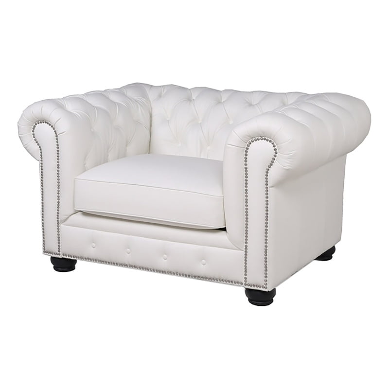 Maklaine Traditional Leather Chesterfield Accent Chair in Blanco White
