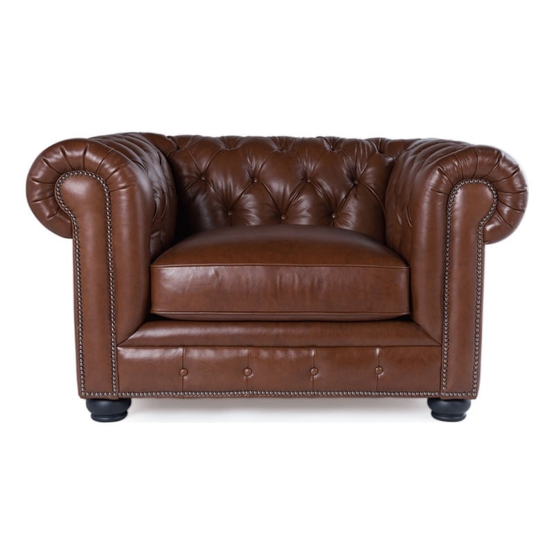 Maklaine Traditional Leather Chesterfield Accent Chair in Cobblestone