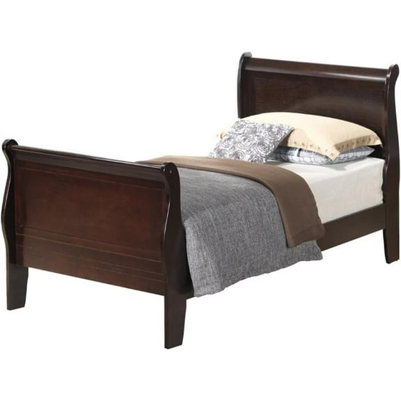 Maklaine Traditional Wood Twin Sleigh Bed in Cappuccino Finish