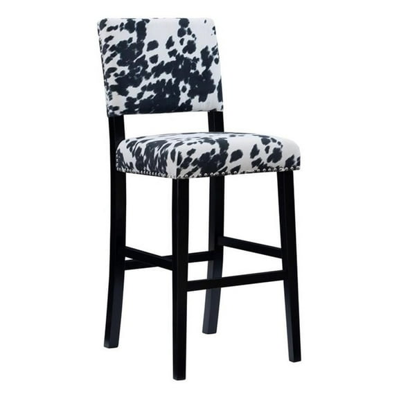 Maklaine Transitional 30" Cow Print Bar Stool with Frame in Black Wood